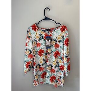Mario Serrani Italy Womens Floral V-Neck Top Red Orange Teal 3/4 Large NEW